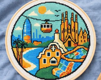 Patrón Punto de Cruz Little Barcelona (PDF) | Diseño de Viaje Bordado Ciudad Barcelona