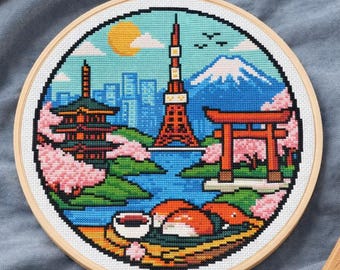 Patrón Punto de Cruz Little Tokio (PDF) | Diseño de Viaje Bordado Ciudad de Japón