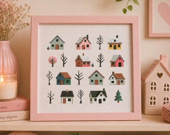 Patrón de Punto de Cruz Pueblo Cuatro Estaciones (PDF) | Gráfico Sampler de Casas Modernas | Diseño Cottagecore Pattern Keeper