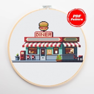 American Diner Cross Stitch Pattern (PDF) | Cozy American Fast Food Restaurant | 3D Storefront Design