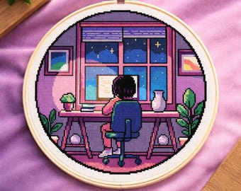 Patrón Punto de Cruz PDF Habitación Nocturna, Descarga Instantánea, Bordado Escritorio Lofi, Punto de Cruz Moderno Contado