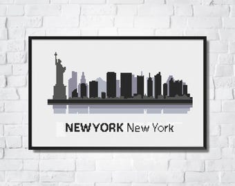 Patrón de Punto de Cruz Nueva York Blackwork | Skyline Minimalista | Decoración Moderna (PDF)