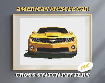 Patrón Punto de Cruz Camaro Bumblebee (PDF) | Diseño Bordado Coche Muscle Americano