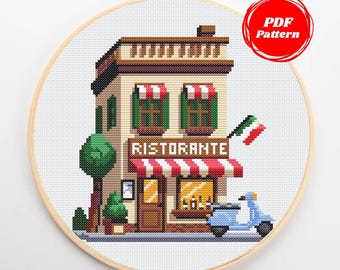 Patrón Punto de Cruz Restaurante Italiano Acogedor (PDF) | Casa Italiana Punto de Cruz | Patrón Bordado Arquitectura