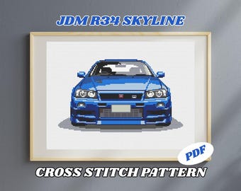 Patrón Punto de Cruz JDM R34 Skyline (PDF) | Diseño Bordado Coche Deportivo Japonés