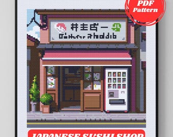 Patrón de Punto de Cruz Tienda de Sushi Japonesa PDF | Restaurante Acogedor | Diseño Fachada Calle Japón