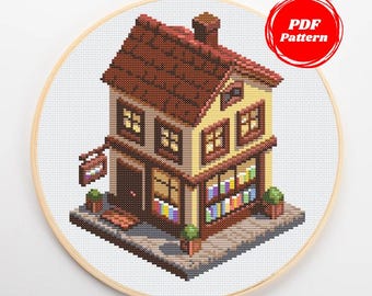 Patrón de punto de cruz librería acogedora (PDF) | Gráfico de bordado biblioteca | Diseño de edificio en 3D