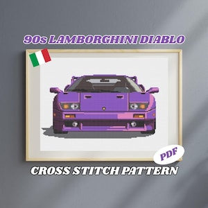 Lamborghini Diablo Cross Stitch Pattern (PDF) | 90s Purple Supercar | Retro Automotive Embroidery Chart