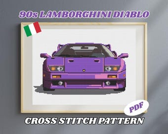 Patrón de Punto de Cruz Lamborghini Diablo (PDF) | Supercoche de los 90 | Bordado Retro Automoción