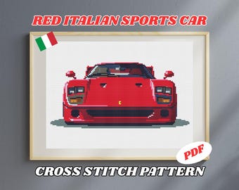 Patrón de Punto de Cruz Coche Deportivo Rojo Italiano (PDF) | Supercoche de los 80 | Bordado Retro Automoción