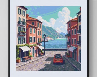 Patrón de punto de cruz Puerto Italiano (PDF) | Diseño Pueblo Mediterráneo | Patrón de punto de cruz para Verano