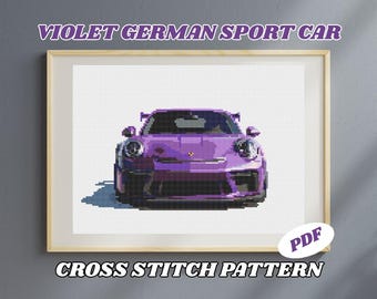 Patrón Punto de Cruz Coche Deportivo Alemán Violeta (PDF) | Diseño Bordado Coche de Carreras