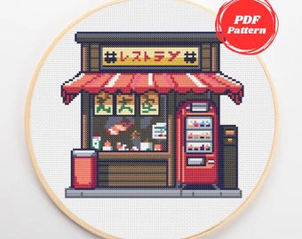 Patrón de Punto de Cruz Restaurante Japonés PDF | Tienda de Sushi Acogedora | Diseño Fachada Japonesa