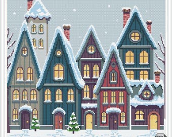 Patrón Punto de Cruz Pueblo Invernal Acogedor (PDF) | Diseño Bordado Pueblo Nevado