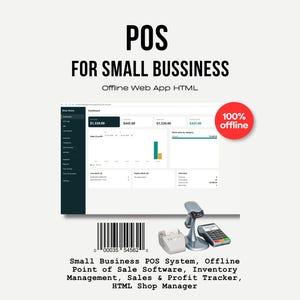May include: A digital POS system for small business featuring an offline web app interface with a dashboard showing sales, profit, and inventory data. Includes a barcode, a receipt printer, a scanner, and a payment terminal with 100% offline text.