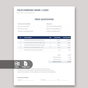 Op de afbeelding: Een wit prijsoffertedocument-sjabloon met donkerblauwe tekstkoppen. Het formulier bevat velden voor bedrijfsnaam, offertenummer, klantgegevens en een tabel met items, hoeveelheden en prijzen, met een totaalbedrag van 2.312,50.