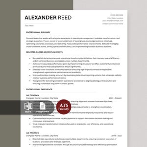 May include: A professional resume template for Alexander Reed featuring sections for professional summary, career accomplishments, and experience. The document includes placeholders for contact information and a red circular badge labeled ATS Friendly.