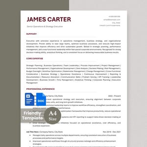 May include: A professional resume template for a Senior Operations and Strategy Executive named James Carter. The document features a clean layout with dark red headings, black text, and sections for summary, core expertise, and professional experience.