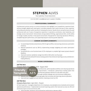 May include: A modern resume template with the name Stephen Alves at the top. The resume includes sections for professional summary, career accomplishments, and work experience. The template has a clean, professional design with a gray and white color scheme.