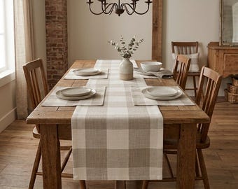 Cream Plaid Table Runner, Neutral Farmhouse Table Decor, White Checkered Table Runner, Rustic Dining Table Linen,