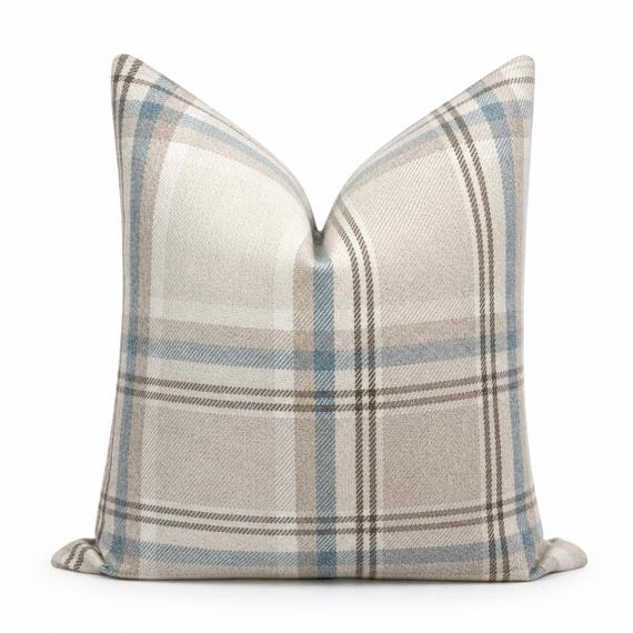 Handmade Blue Plaid Pillow Cover – Tartan Farmhouse Cushion