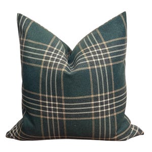 Green black Plaid Pillow Cover | Farmhouse Tartan Cushion with, Black, white Tan Stripes