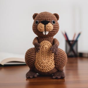 May include: A handmade crochet beaver doll in shades of brown and tan. The beaver has large, round eyes, a black nose, and two prominent white teeth. It is holding a tan-colored log. The doll is sitting on a wooden surface.