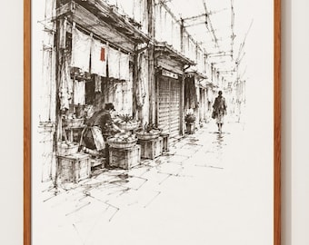 Kyoto Nishiki Market Art | Japanese Street Scene Ink Sketch | Black and White Travel Art Print