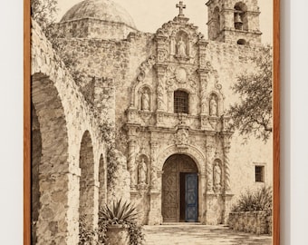 Lámina de San Antonio / Póster con boceto de la Misión / Iglesia colonial española de Texas, dibujo a tinta para pared, puerta azul