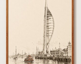 Póster de Portsmouth / Lámina de la Torre Spinnaker / Boceto vintage a tinta / Regalo de arte mural del puerto de Hampshire