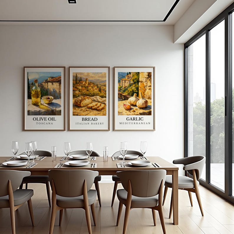 italian kitchen wall decor | kitchen wall art set of... Italian Farmhouse Kitchen Wall Art Set | Bread Garlic Olive Oil Prints ...