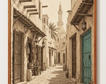 Old Town Drawing Street Sketch | Arabian Alley Wall Art | Mosque Minaret Print | Sepia Ink Poster
