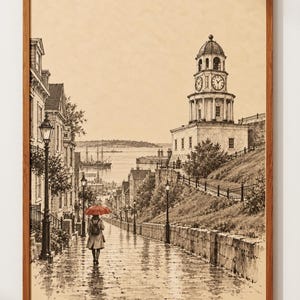 Puede incluir: Una impresión enmarcada en tonos sepia que representa una calle mojada por la lluvia que conduce a un puerto. Una persona con un paraguas rojo brillante camina por el sendero, pasando junto a una torre de reloj, edificios y farolas.