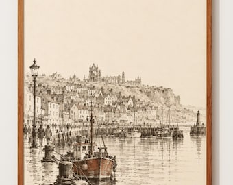 Póster de la Abadía de Whitby / Lámina del puerto / Boceto a tinta de la costa de Yorkshire / Arte de barcos de pesca / Decoración de pared junto al mar