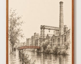 Arte de Sheffield Kelham Island / Boceto a pluma y tinta / Arte mural de canal industrial / Póster del puente rojo