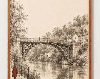Arte de Ironbridge Gorge / Lámina con boceto del puente de hierro de Shropshire / Arte mural de un monumento de Inglaterra / Póster a pluma y tinta