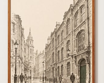 Estampado de Nottingham / Arte del Mercado de Encaje / Boceto de una calle de ladrillos victoriana / Arte mural a la tinta / Póster de Inglaterra