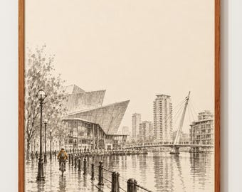 Lámina de los muelles de Salford / Boceto del horizonte de Manchester de The Lowry / Arte mural a tinta del paseo marítimo