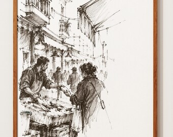 Istanbul Wall Art | Kadikoy Fish Market Ink Sketch Print | Street Scene Art | Turkey Travel Poster