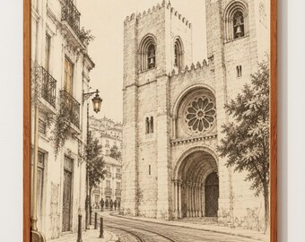 Lisbon Cathedral Art Sketch Print | Se de Lisboa Pencil Drawing | Portugal Wall Art | Tram Tracks Street