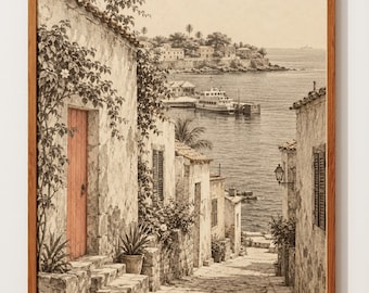 Hoi An Seaside Town Art | Travel Sketch Print | Coastal Village Pencil Drawing | Cobbled Street Harbour Poster