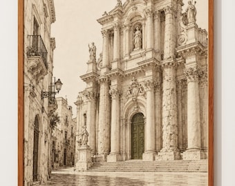 Lámina de Lecce, Italia / Boceto a pluma y tinta de la catedral barroca / Arquitectura italiana / Arte de viajes por Puglia / Póster en sepia