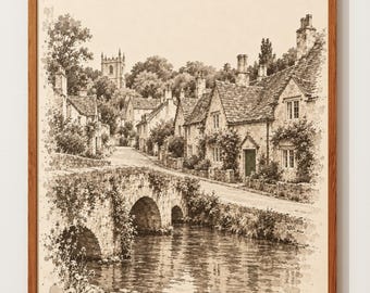 Lámina de Cotswold / Boceto de pueblo / Arte mural de la campiña inglesa / Casas de campo con puente de piedra / Póster en sepia