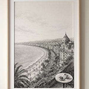 Bleistiftskizze der französischen Riviera | Mediterrane Stranddekoration | Druck der englischen Promenade von Nizza