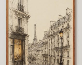 May include: A framed charcoal-style drawing of a Parisian street scene featuring the Eiffel Tower in the distance. The artwork depicts multi-story buildings with balconies, a street lamp, and a storefront window illuminated with a warm golden glow.