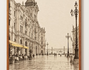 European Piazza Wall Art | Pen and Ink Sketch Poster | Seaside City Square Art | Architecture Drawing Print