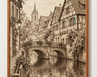 Colmar France Print | Half-Timbered Houses Sketch | Canal Bridge Decor | Vintage Pencil Drawing