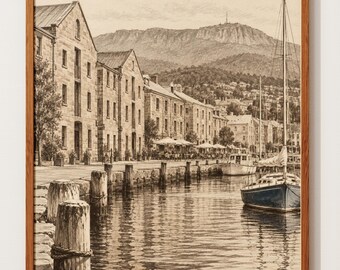 Hobart Art Print | Tasmania Waterfront | Salamanca Place Sketch | Kunanyi Mount Wellington Poster