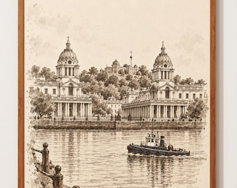 Greenwich Art | Thames Print | Vintage London Ink Sketch Poster | Royal Naval College | Tugboat River Wall