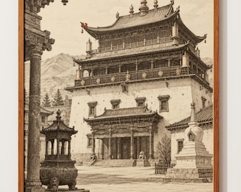 Cartel de Mongolia / Dibujo a pluma y tinta de un monasterio / Arquitectura de templos budistas / Montaña de Ulán Bator